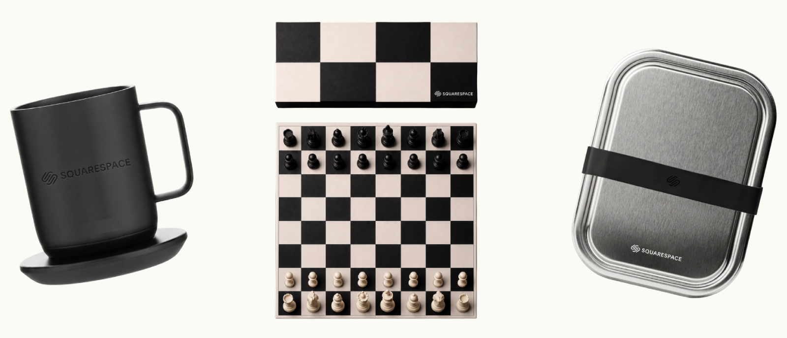 SquareSpace custom mug, chess game, and bento box employee recognition gifts
