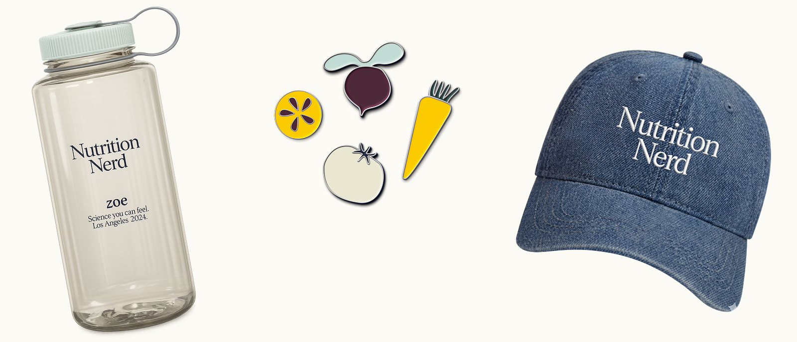 Nutrition Nerd custom Nalgene bottle, enamel pins, and denim hat for community meetup