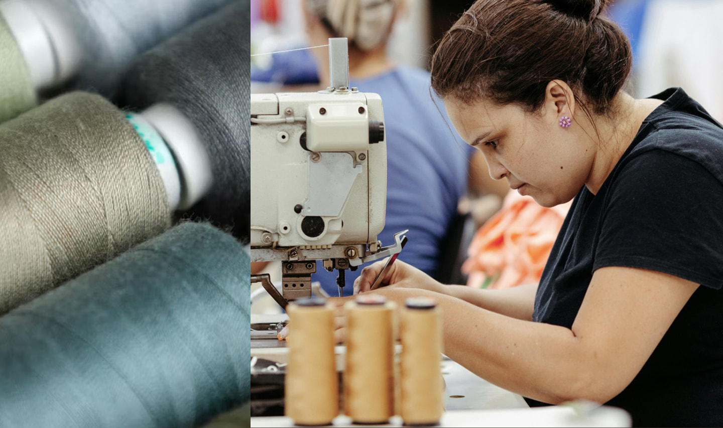 colorful spools of thread next to closeup shot of woman at sewing machine