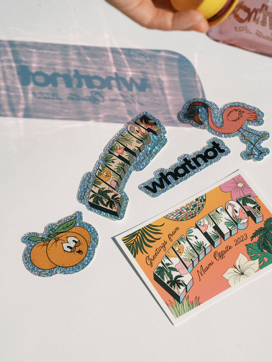 Whatnot custom Miami event stickers and illustrated postcard