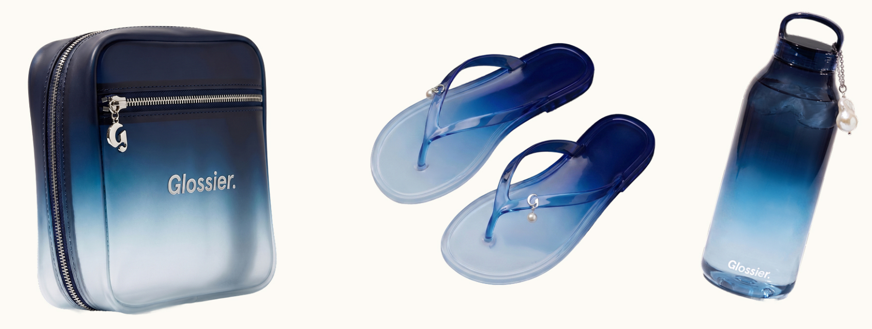 Custom branded Glossier blue ombre bag, flip flops and tumbler