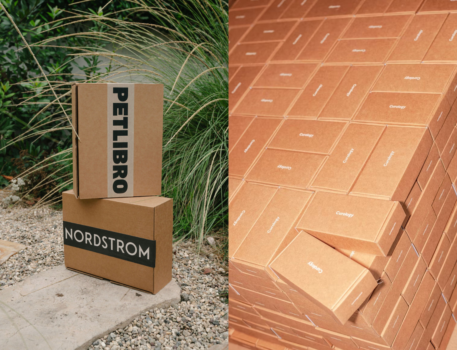 Custom kraft shipping boxes for Petlibro and Nordstrom next to full shot of stacked kraft boxes with Curology white logo