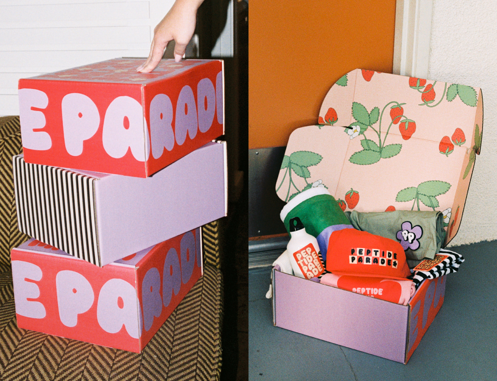 Peptide parade colorful shipping boxes next to open swag box with cherry print interior, featuring cap, apparel, bottle swag