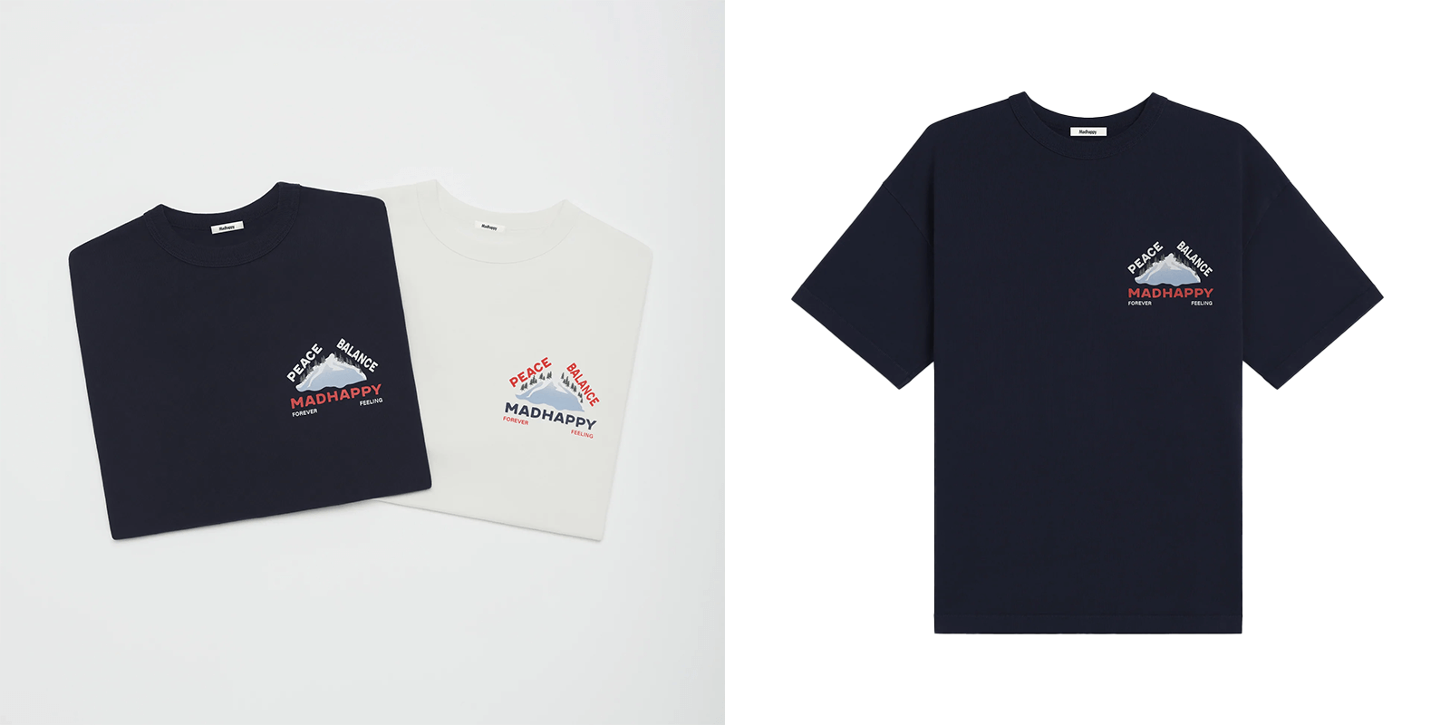 two screen-printed tee shirts in navy and white with multi color logo