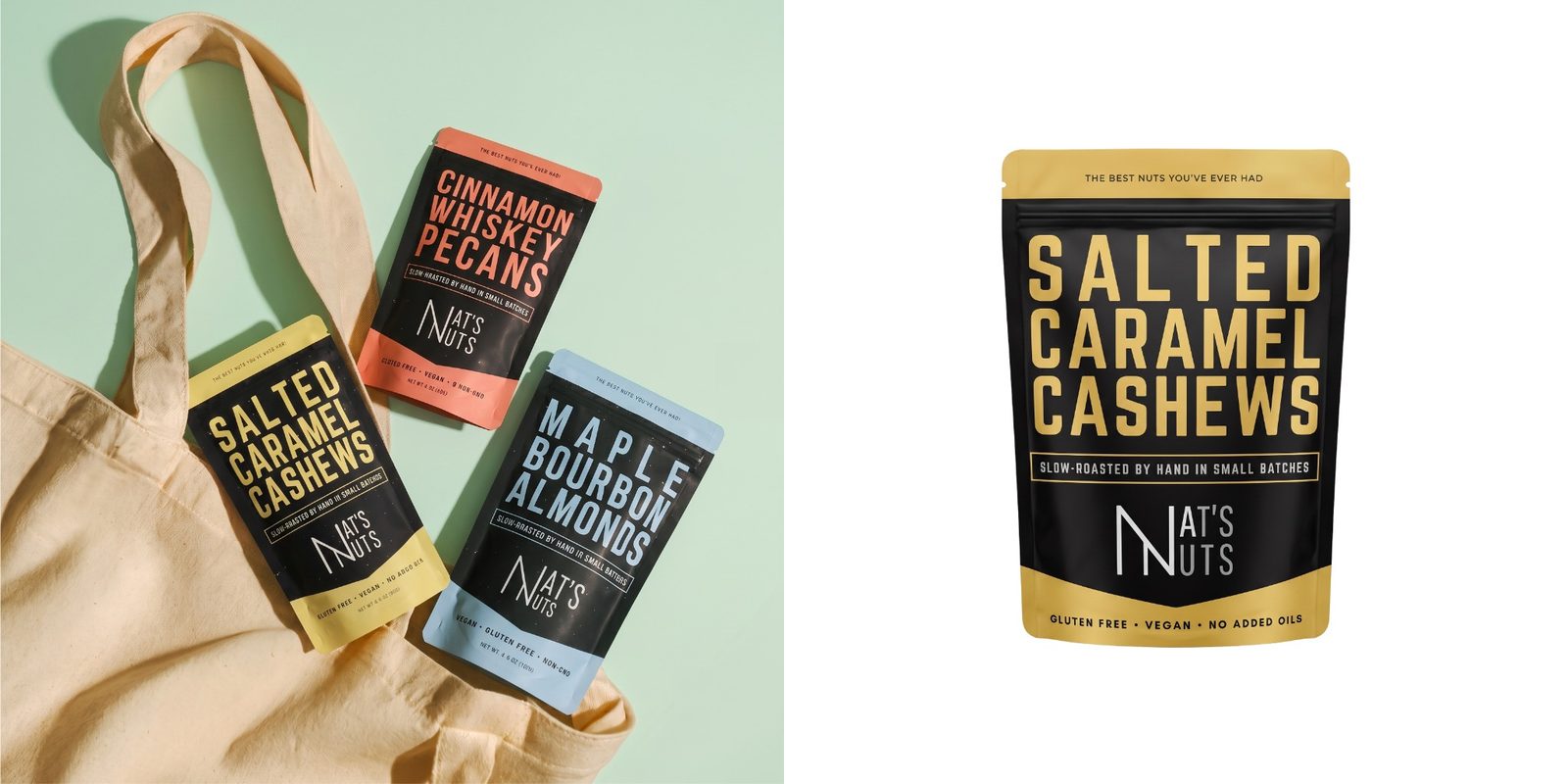 Salted caramel cashews and other flavors displayed with reusable tote bag