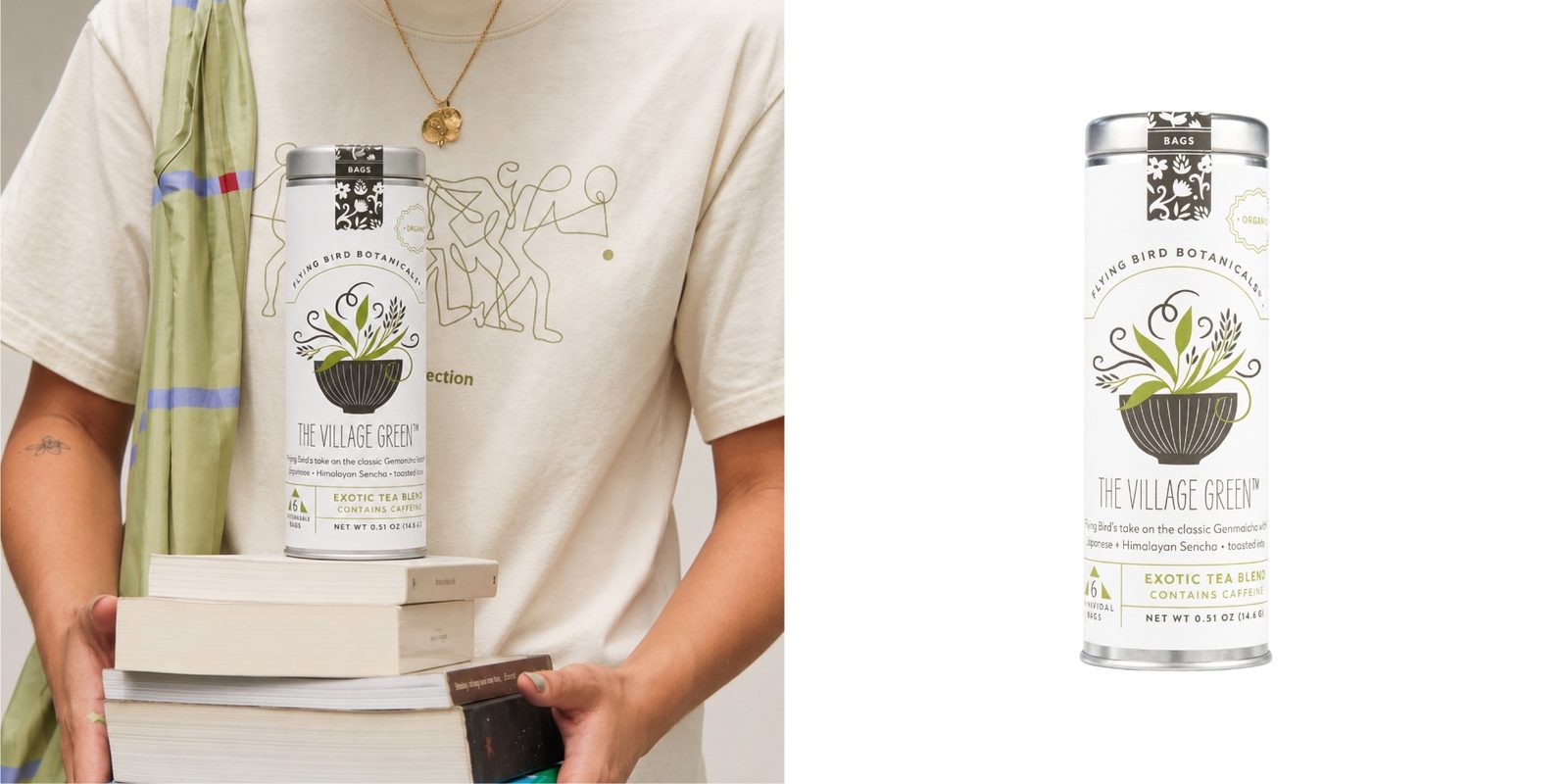 Premium tea packaging tin with botanical illustration on a stack of books