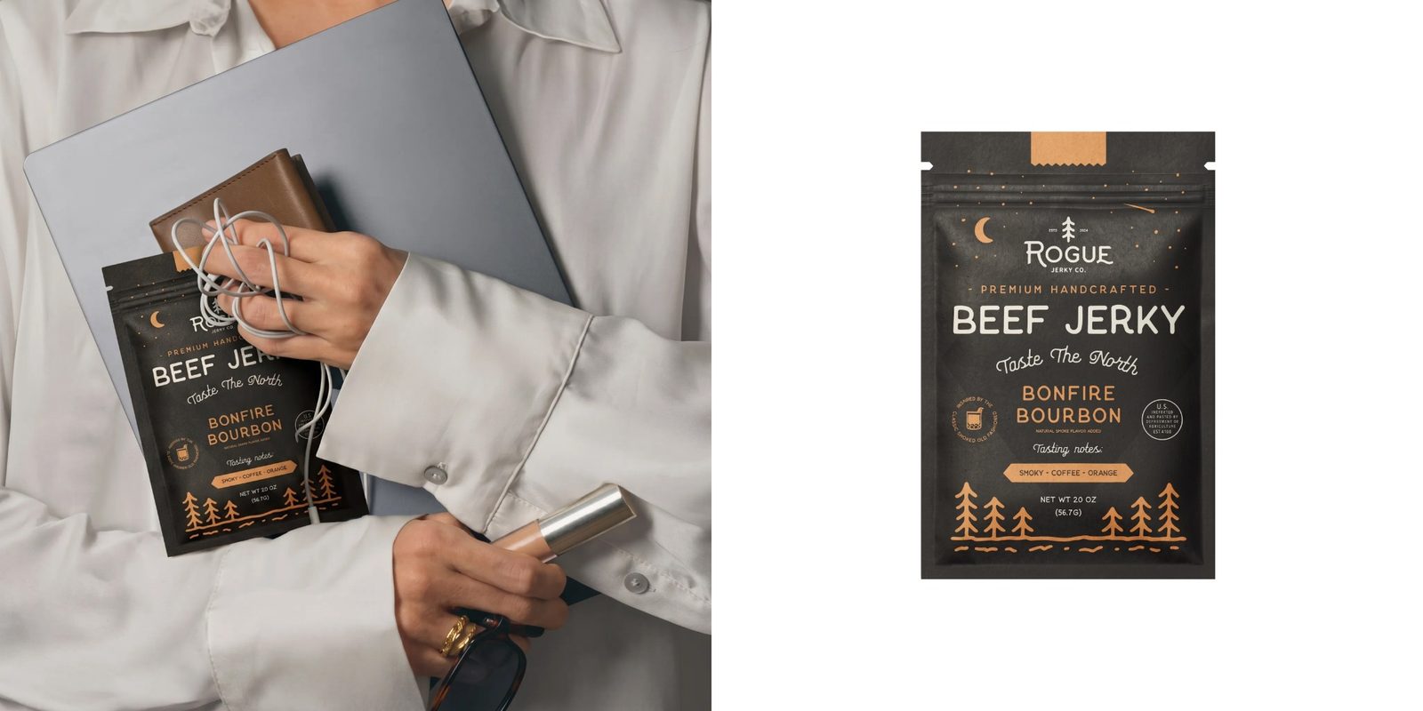 Rogue Jerky Co. beef jerky being placed into a tote bag