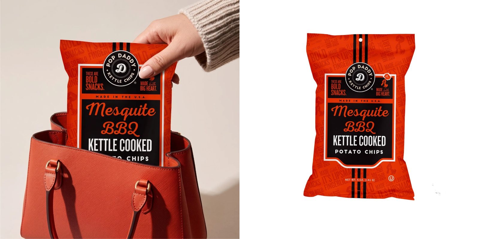 Mesquite BBQ beef jerky in a a handbag with branded snack packaging
