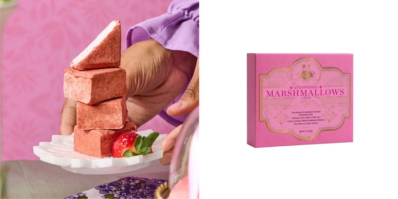 Strawberry marshmallows stacked on a plate and shown with premium pink gift box