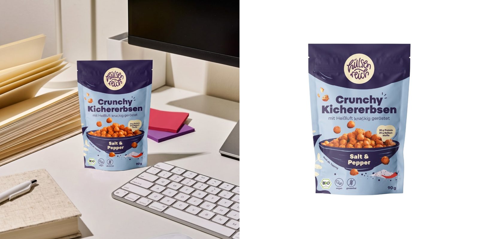 Crunchberry Kitchererbsen salt and pepper chickpeas package on an office desk