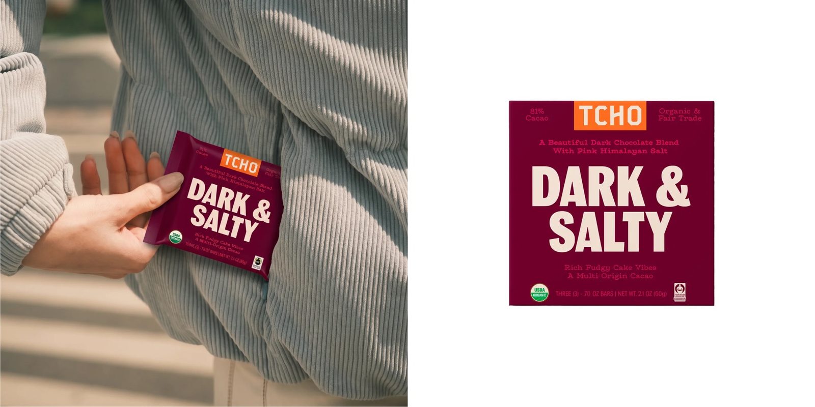 TCHO Dark & Salty chocolate bar held in hand