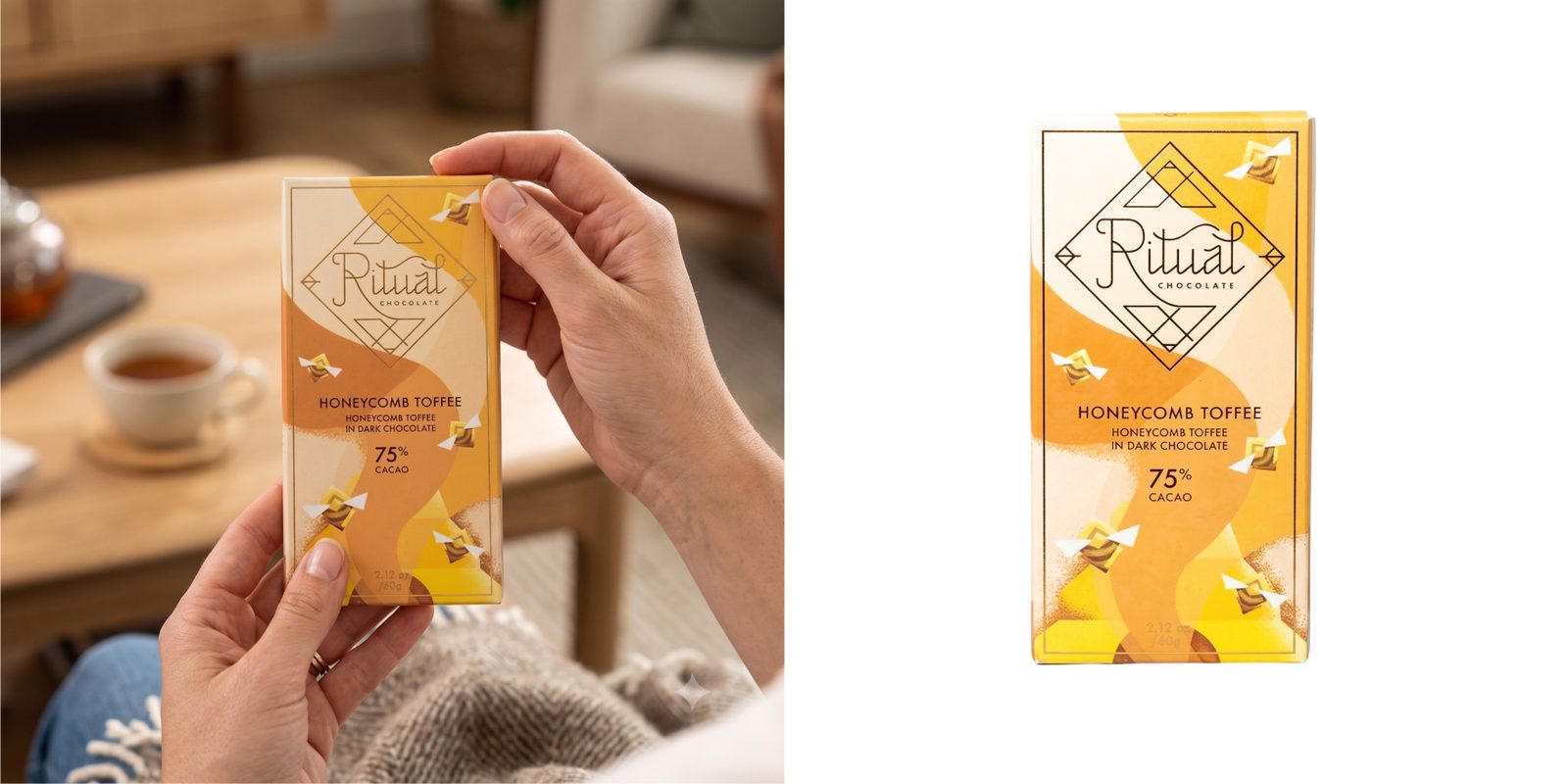 Someone holding Ritual Chocolate Honeycomb Toffee Dark Chocolate Bar