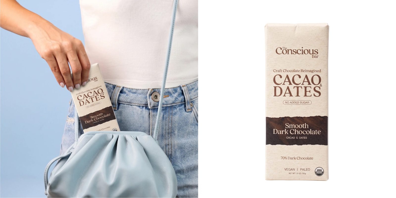 Conscious Bar Cacao Dates smooth dark chocolate bar in premium packaging being placed in a handbag 