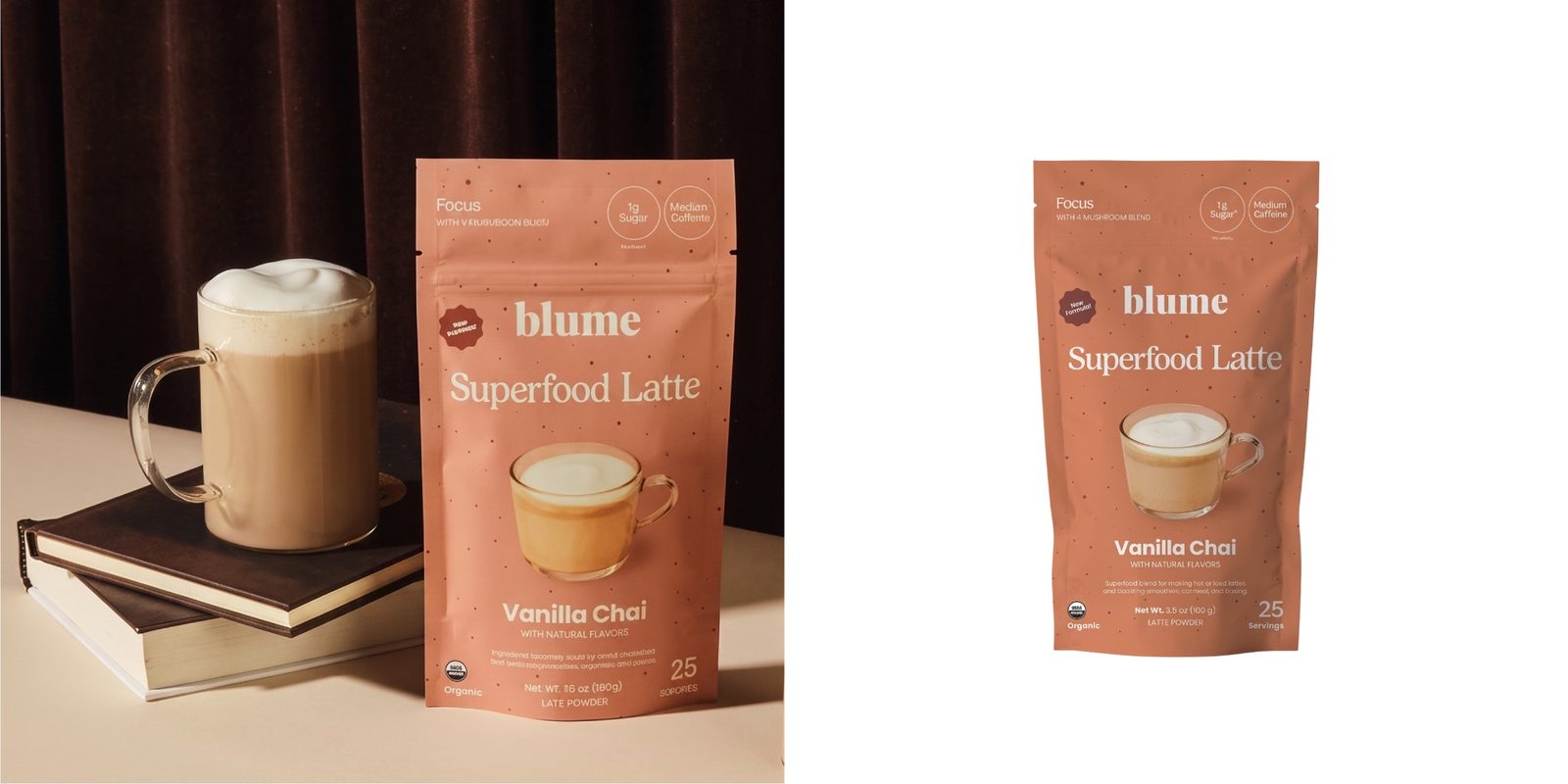 Blume superfood latte beside a latte and coffee accessories