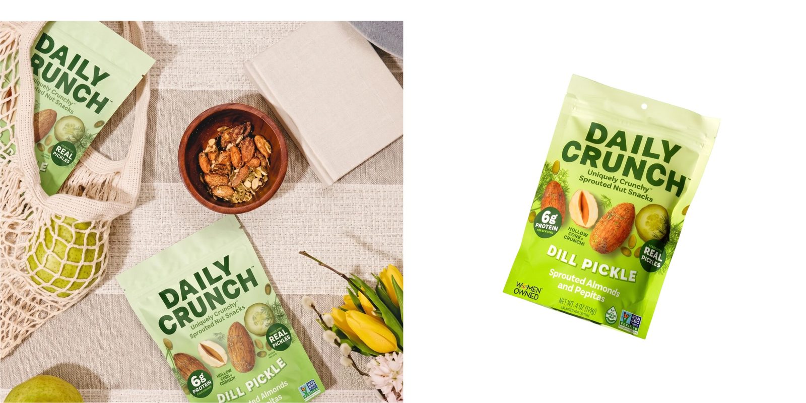 Daily Crunch sprouted nut snacks shown on a table
