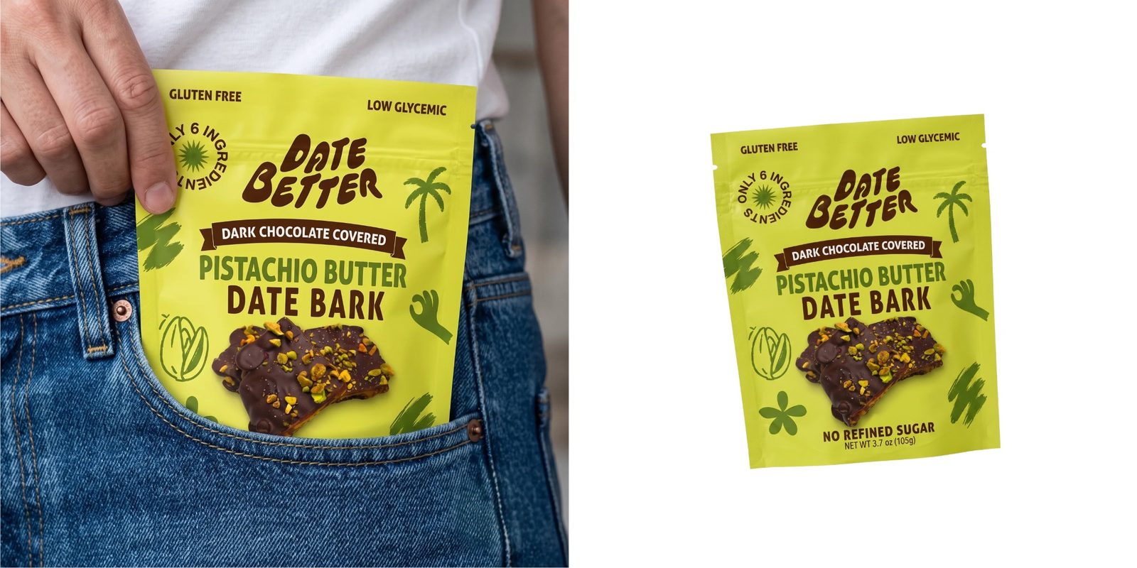 Date Better pistachio date bark in premium packaging sliding into a pocket