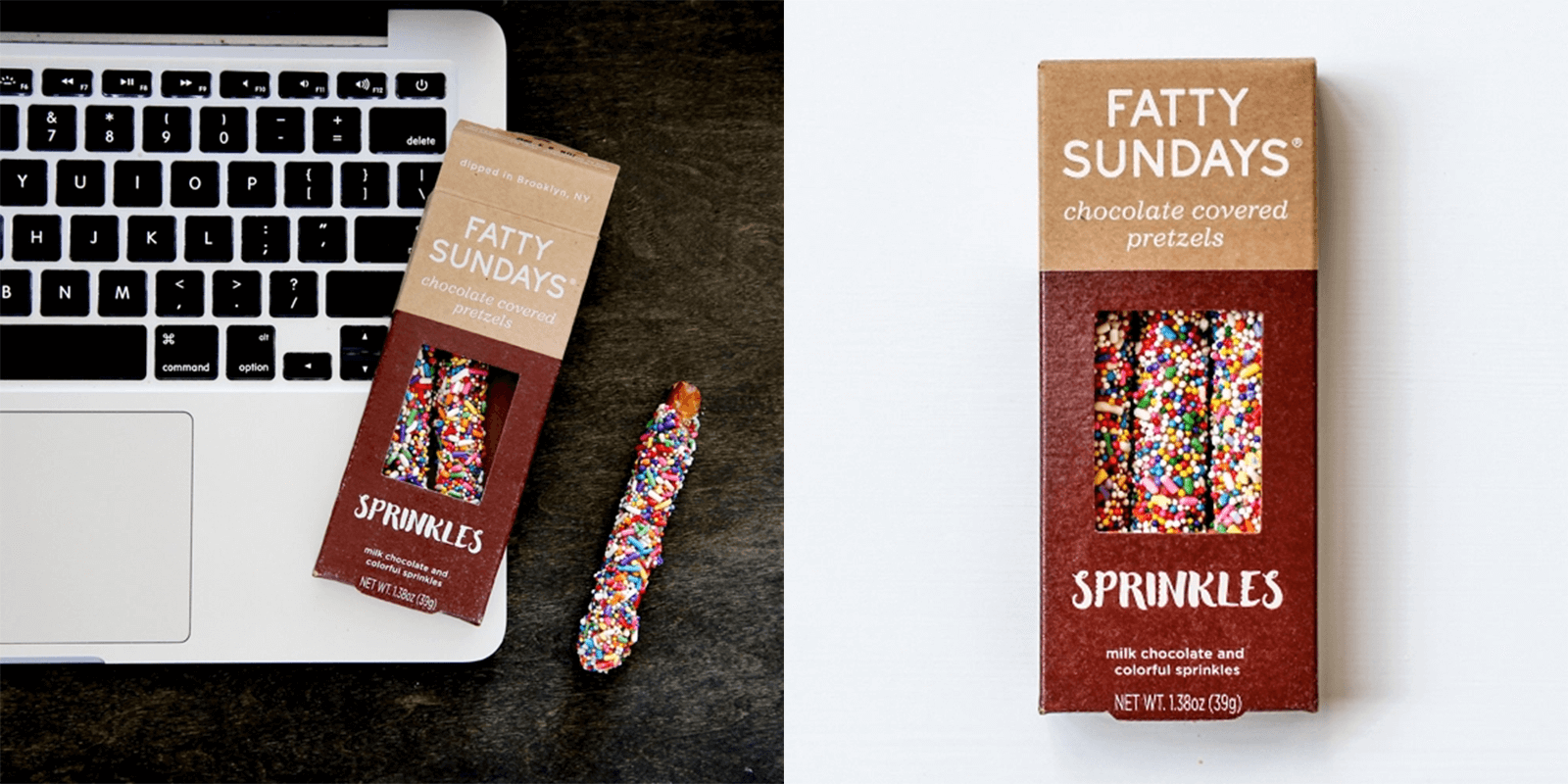 Fatty Sundays sprinkle-covered chocolate pretzels on laptop with branded packaging
