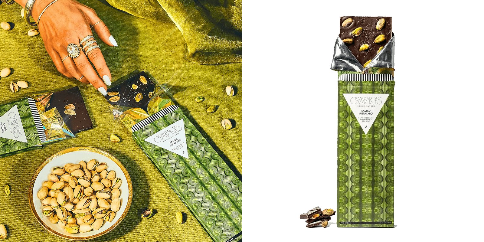 Compartés salted pistachio dark chocolate bar with premium packaging