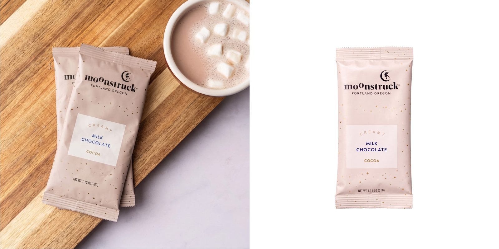 Moonstruck creamy milk chocolate hot cocoa packet next to a mug of hot chocolate with marshmallows