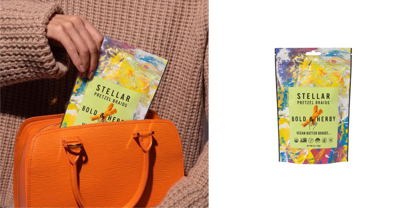 Stellar Snacks pretzels being placed into a colorful tote bag