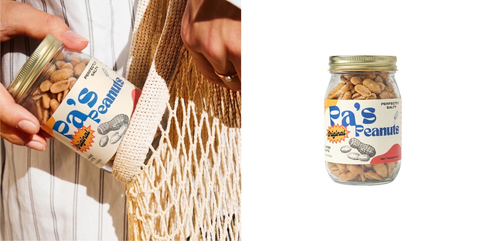 Pa's Gourmet Peanuts in a mason jar being carried in a market bag