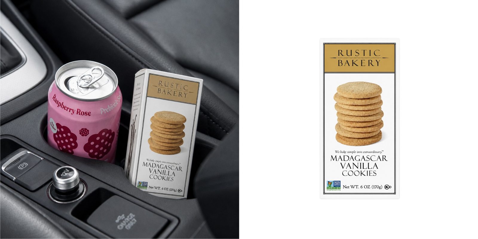 Rustic Bakery vanilla cookies shown in a vehicle cup holder with a canned drink 