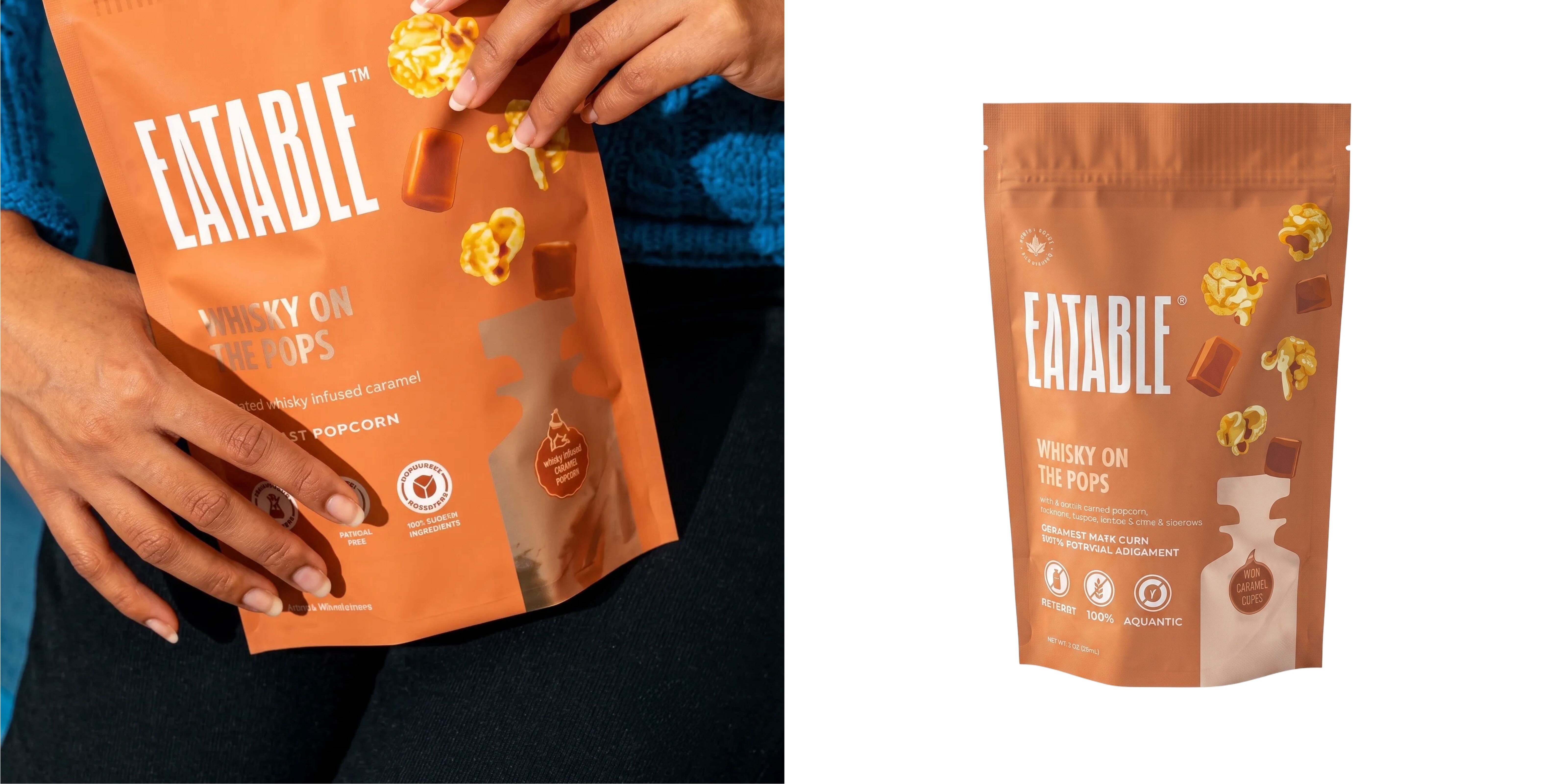 Eatable gourmet caramel infused popcorn in branded packaging