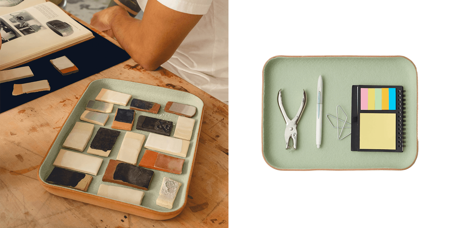 Matte sea foam green and wood valet tray for tech company swag 