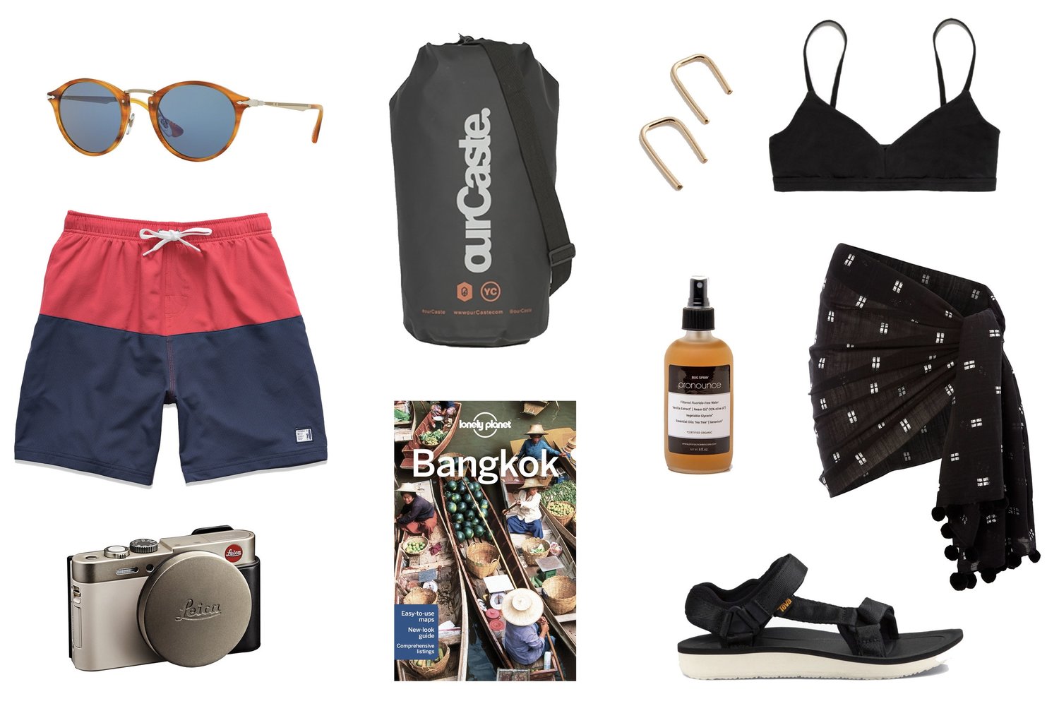 1)  Persol Calligrapher Edition Sunglasses  2)  ourCaste Dry Sack in Black  3)  Gold Horseshoe earrings  4)  Land of Women x The Dreslyn Classic Bikini Top in Black   5)  Johnnie-O Jackson Swim Trunks  6)  Pronounce Bug Spray  7)  Seafolly Metallic Jacquard Sarong  8)  Leica C Digital Camera in Light Gold  9)  Lonely Planet Bangkok Travel Guide  10)  Teva Original Universal Premier in Black  