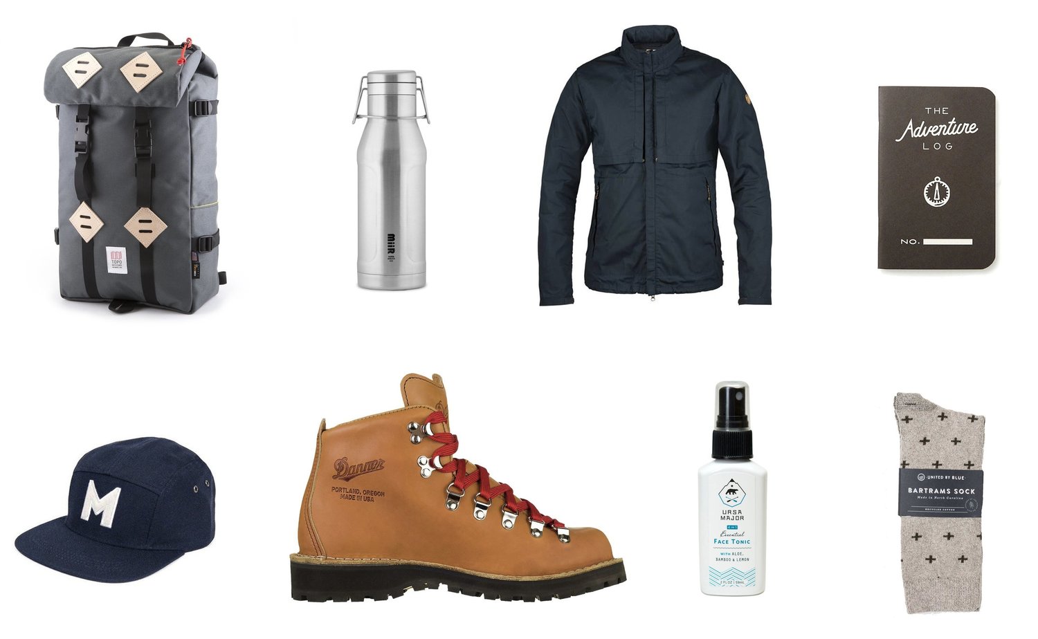 1)  Topo Designs Klettersack in Charcoal  2)  Miir Heritage Howler in Stainless Steel  3)  Fjallraven Travelers Jacket  4)  The Adventure Log by Word. Notebooks in Black  5)  Danner Portland Select Mountain Light Boot  6)  Ursa Major 4-in-1 Essential Face Tonic  7)  United by Blue Byers Bartrams Sock