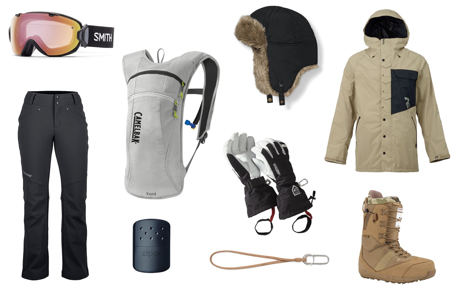 1)  Smith I/OS Photochromic Snow Goggles  2)  CamelBak Zoid Hydration Pack in Silver  3)  Eddie Bauer Down Aviator Hat in Dk Smoke   4)  Analog Zenith Gore-Tex Snowboard Jacket  5)  Marmot Wm's Kate Pant in Black  6)  Zippo 12-Hour Hand Warmer in Black  7)  Hestra Heli Glove  8)  Leather Keyring Lanyard  9)  Burton 2016 Fiend LTD Snowboard Boots UNDFTD