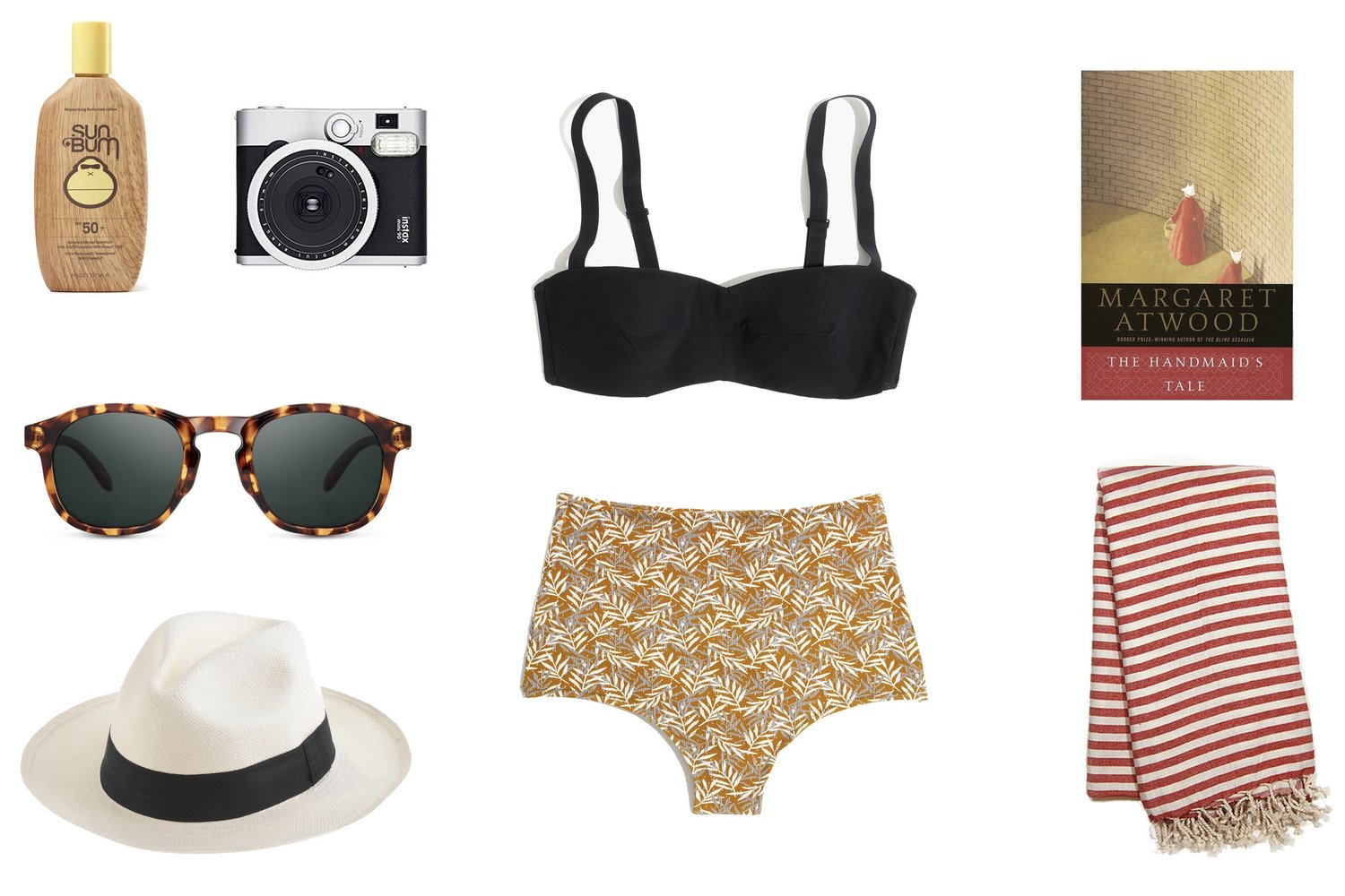 1)  Sun Bum SPF 50 Original Sunscreen Lotion  2)  Fujifilm Instax Mini 90 Neo Classic in Black  3)  Bathing Suit  4)  The Handmaid's Tale by Margaret Atwood  5)  Sunski Foothill Sunglasses  6)  Panama Hat  7) Turkish Beach Towel