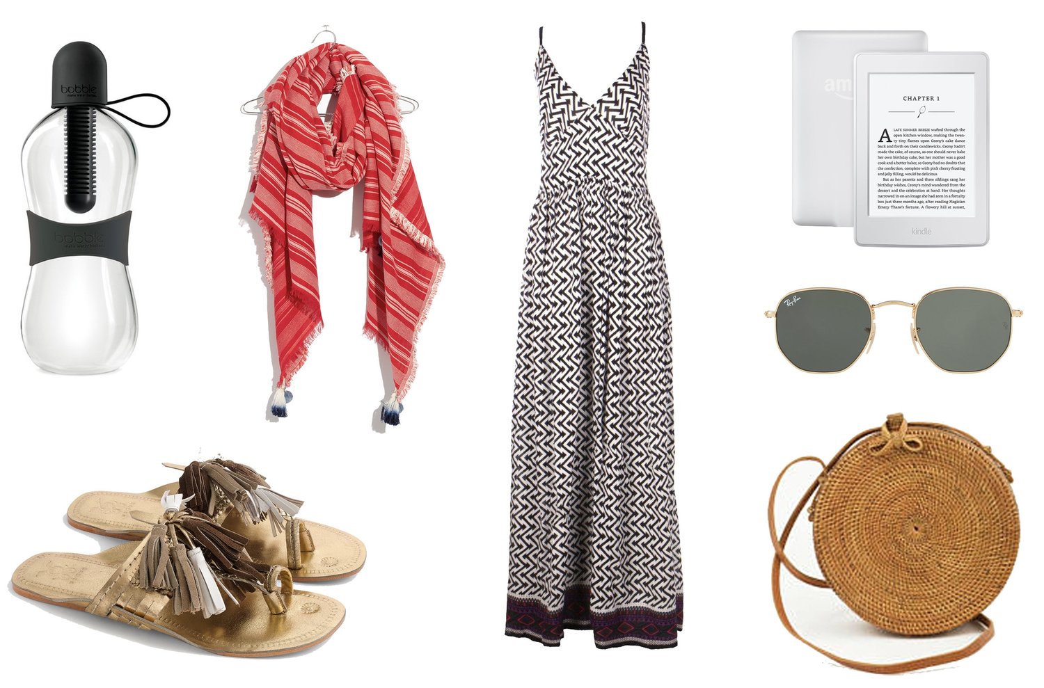 1)  Bobble Classic Water Bottle in Black  2)  Madewell Striped Convertible Scarf  3)  Boohoo Nuala Rope Back Mono Print Maxi Dress   4)  White Amazon Kindle  5)  Figue Scaramouche Sandals  6)  Ray-Ban Hexagonal Flat Lenses in Green Classic G-15  7)  Round Rattan Basket Bag