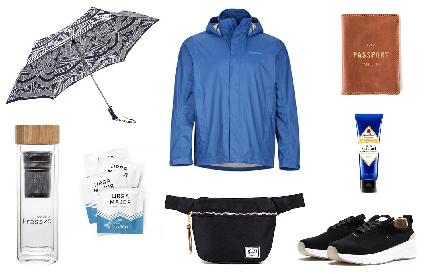 1)  ShedRain RainEssentials Compact Umbrella in Sophie  2)  Marmot PreClip Rain Jacket in Dark Cerulea n 3)  Whipping Post Passport Wallet  4)  Fressko Lift Flask  5)  Ursa Major Essential Face Wipes  6)  Herschel Supply Fanny Pack in Black  7)  Rawrow 210 Wax Sneakers  8)  Jack Black Sun Guard Sunscreen