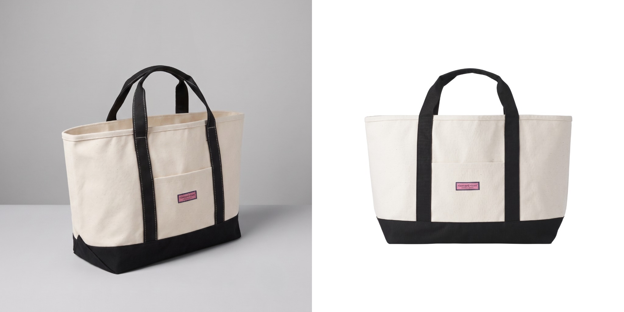 Vineyard Vines Captain Tote Bag in natural canvas with black handles and trim.