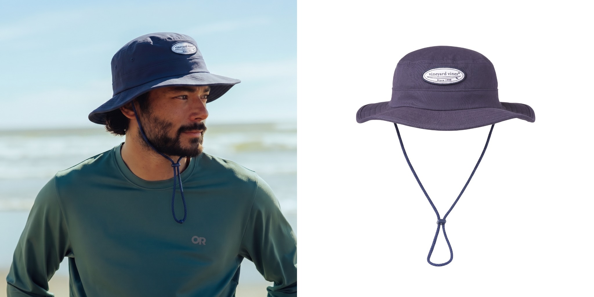 Vineyard Vines navy canvas bucket hat with a front logo patch and adjustable chin cord.