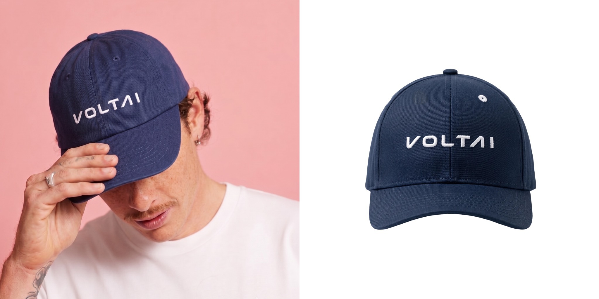 Navy performance baseball cap with an embroidered white logo, shown on a model and in a product view.