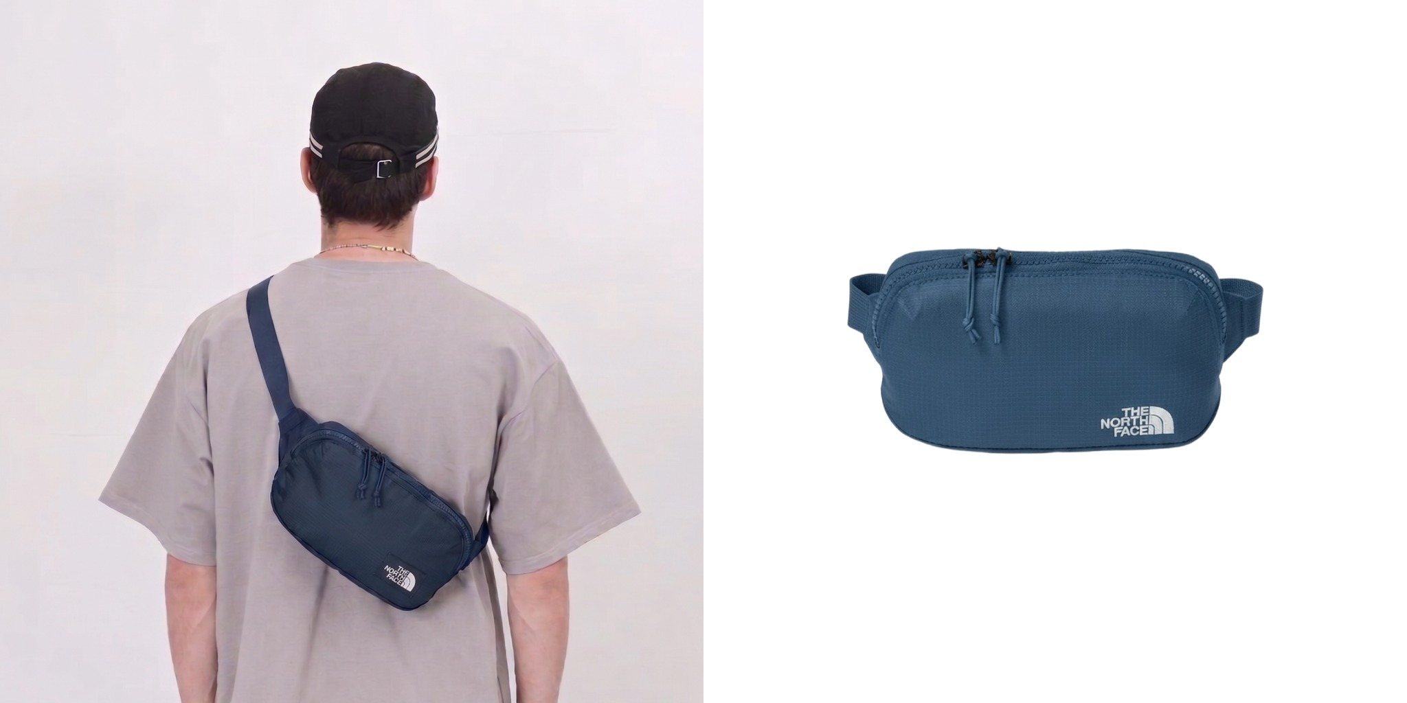 Man wearing a blue The North Face 1L Travel Hip Pack crossbody next to a product view of the hip pack.