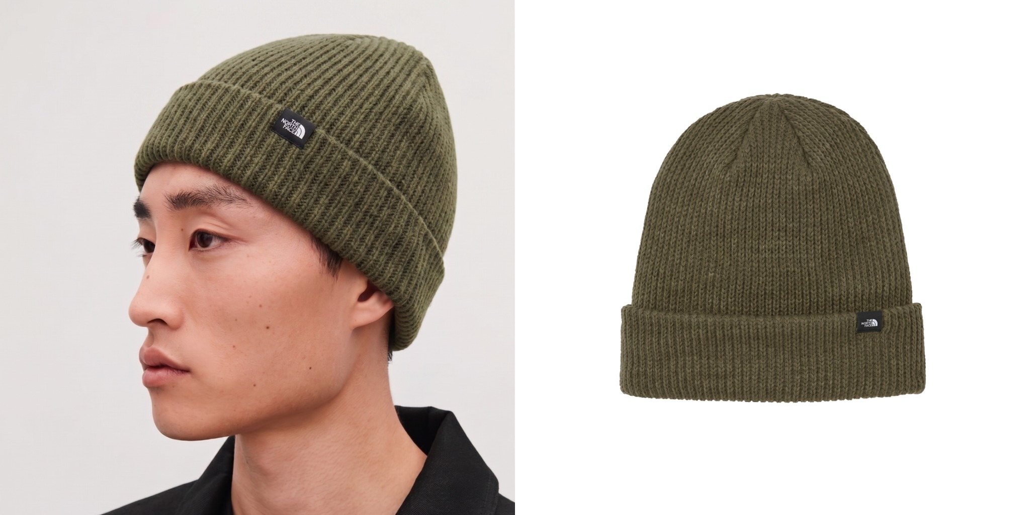 Man wearing an olive green The North Face Truckstop Beanie next to a product view of the ribbed knit beanie.