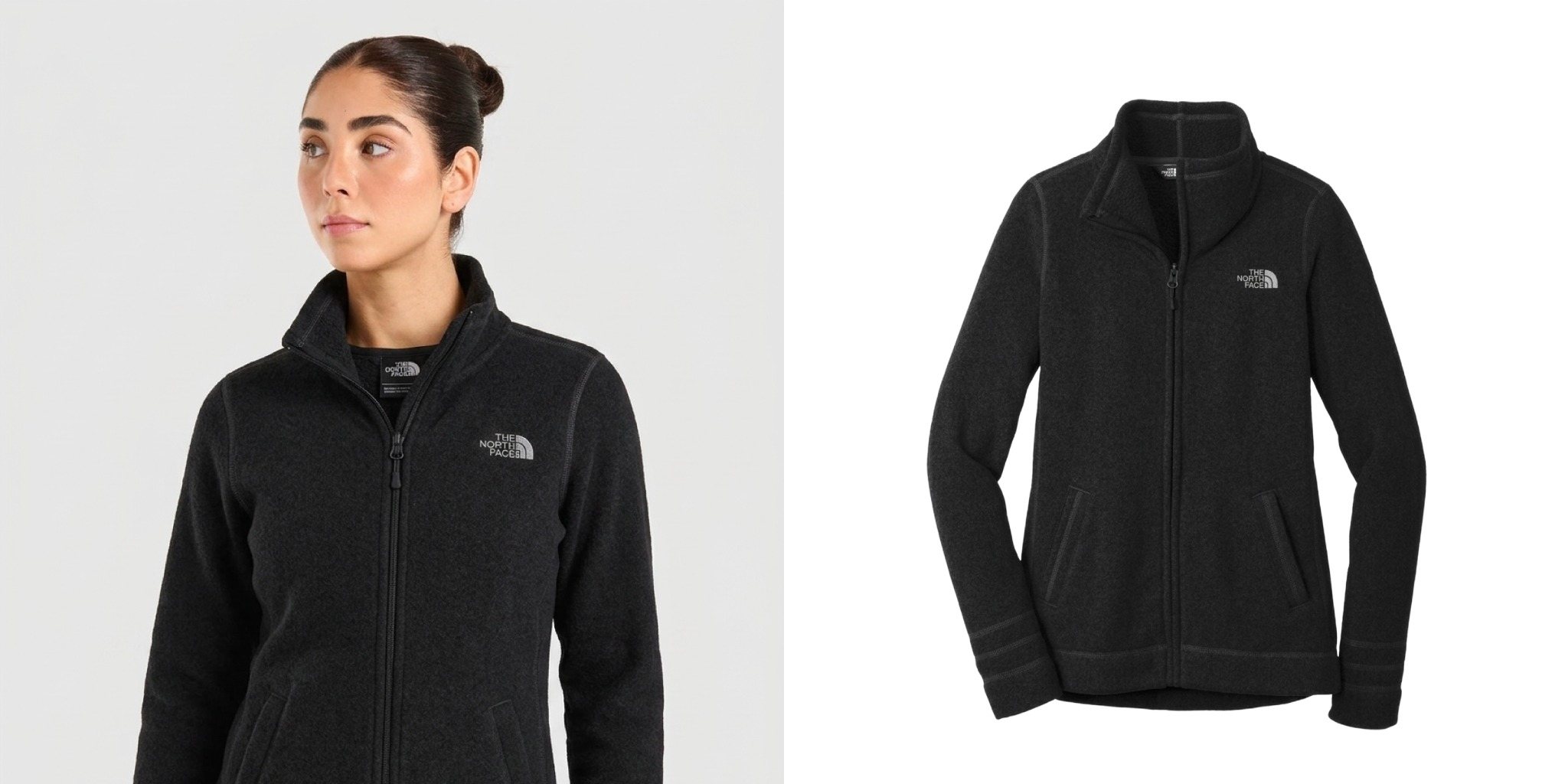 Woman wearing a black The North Face Sweater Fleece Jacket next to a product view of the full-zip fleece.