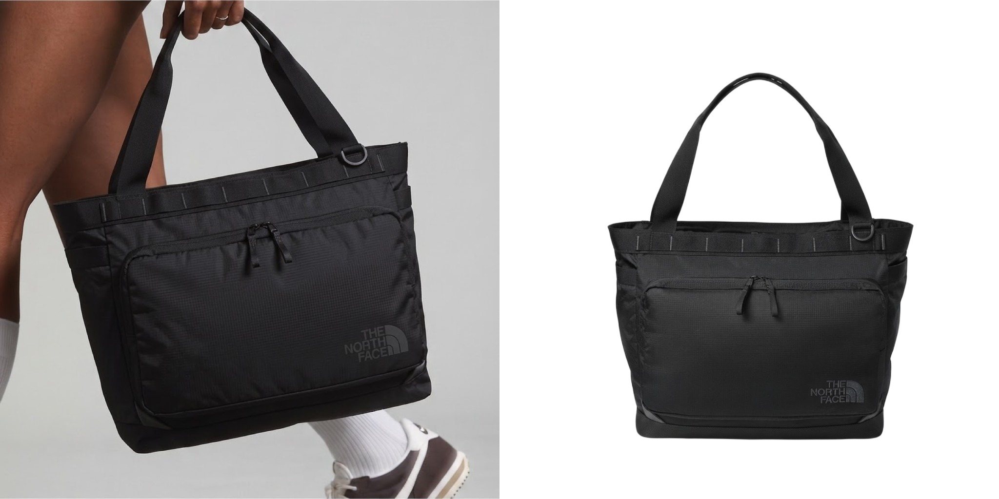 Person carrying a black The North Face 25L Travel Tote next to a product view of the tote.