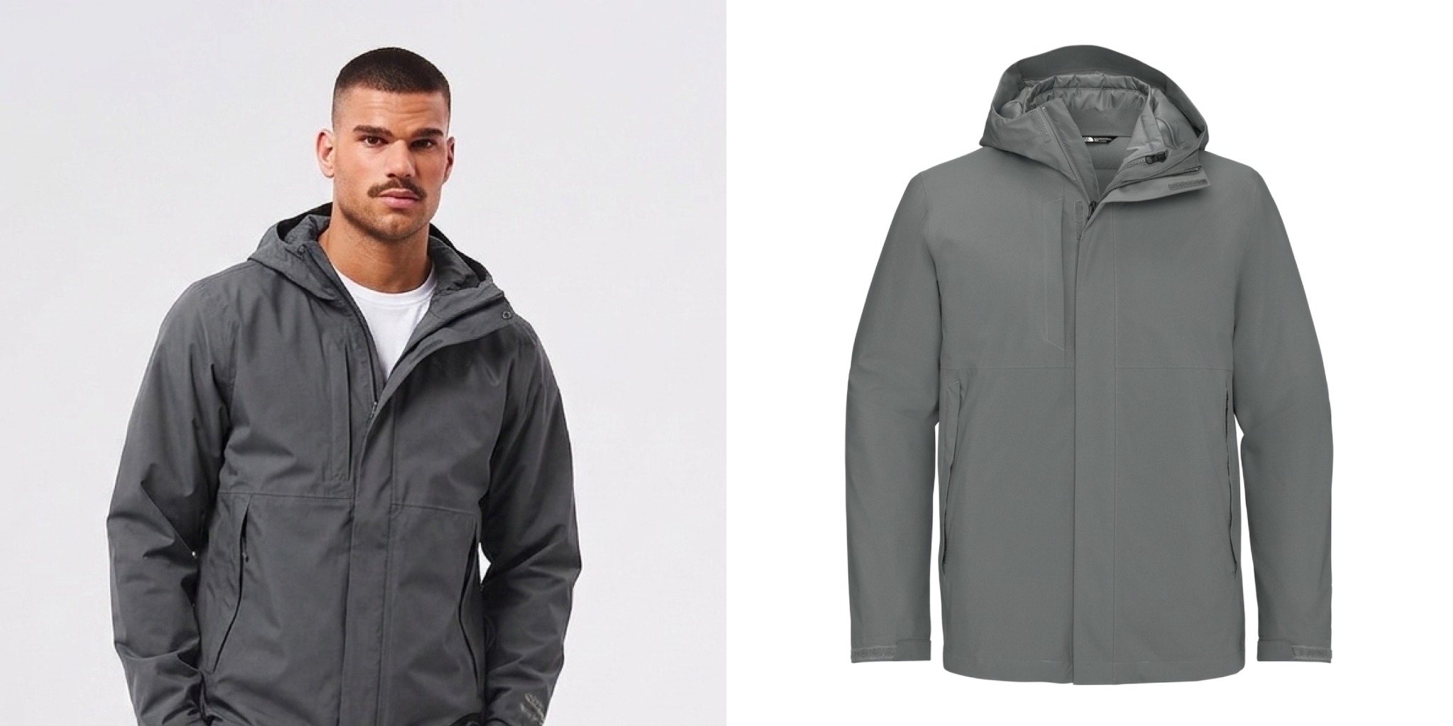 Man wearing a gray The North Face Castle Valley Triclimate 3-in-1 Jacket next to a product view of the hooded jacket.