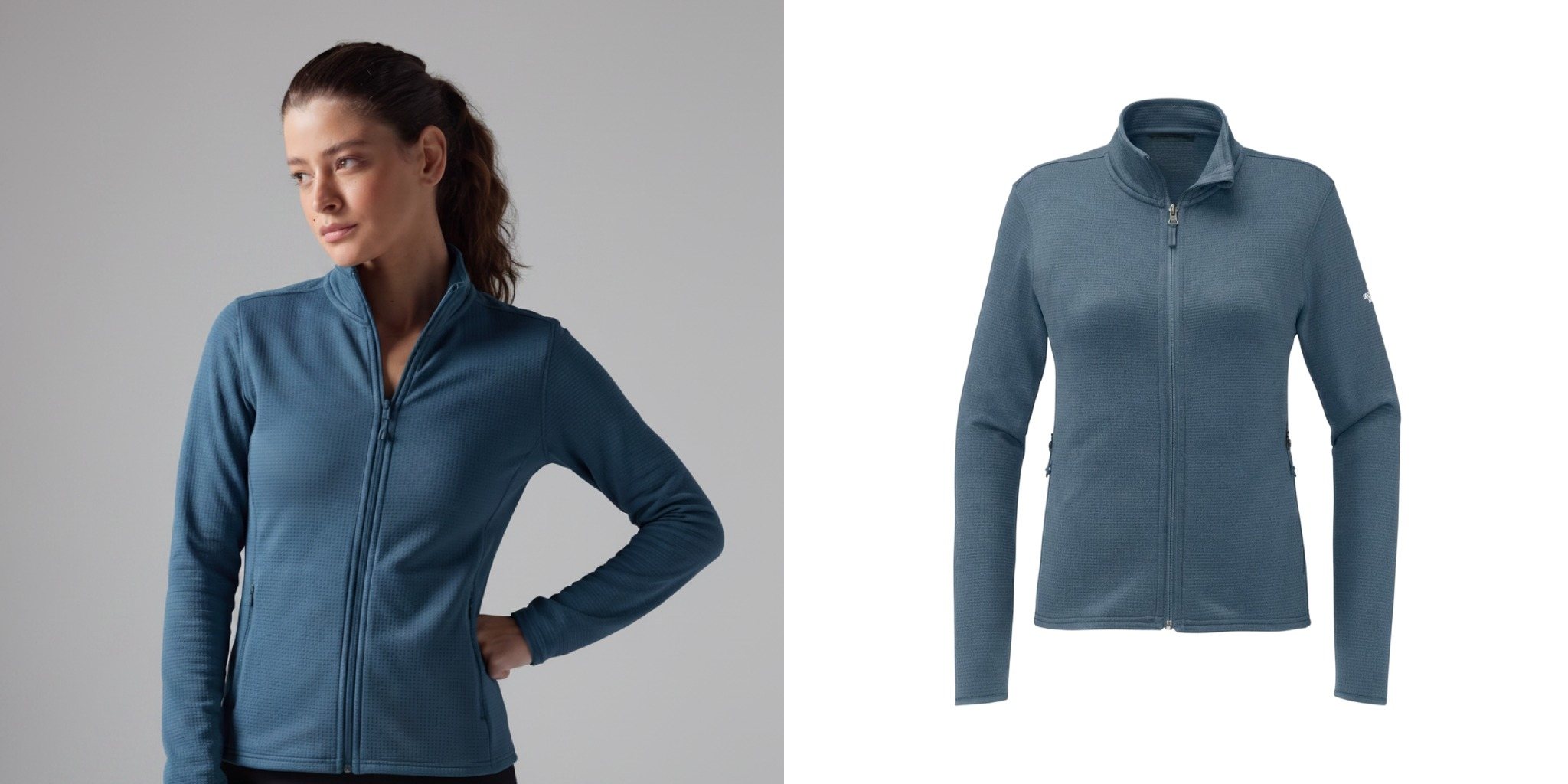 Woman wearing a blue The North Face Aim Full-Zip Fleece Jacket next to a product view of the jacket.