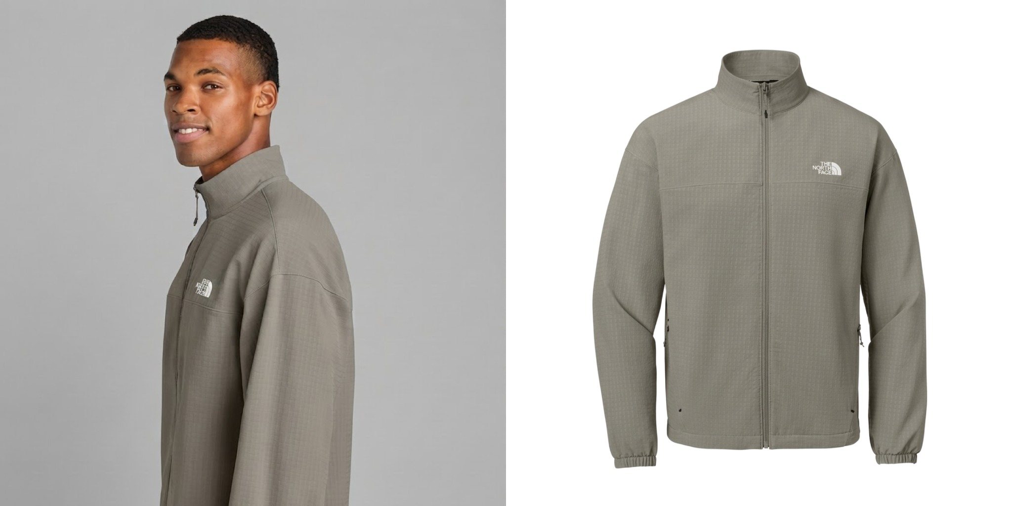 Man wearing a gray The North Face Mountain Horizon Jacket next to a product view of the lightweight full-zip jacket.