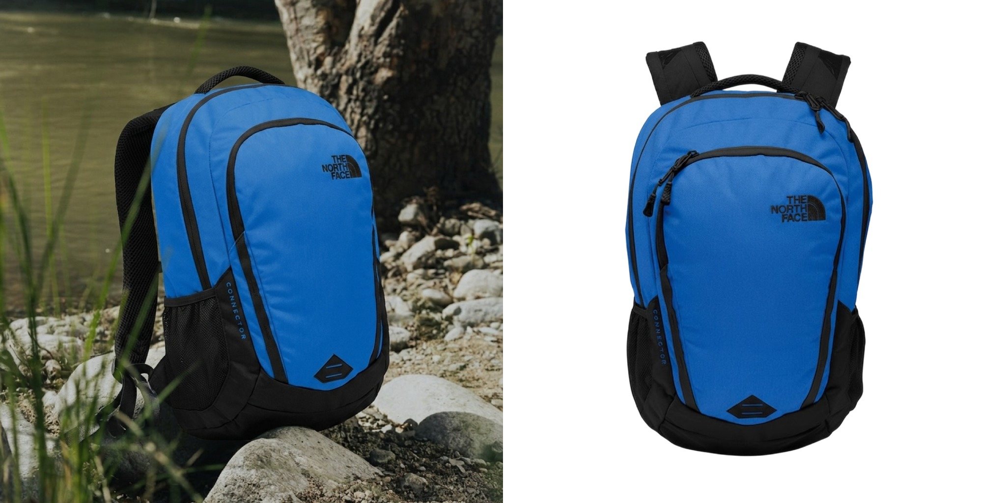 Blue The North Face Connector Backpack resting on rocks beside the water next to a product view of the backpack.
