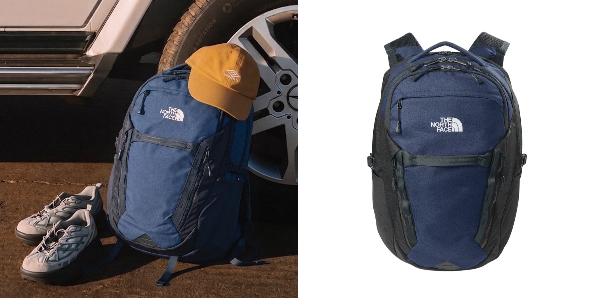 Navy The North Face 31L Royal Arch Backpack styled beside a vehicle and shoes next to a product view of the backpack.