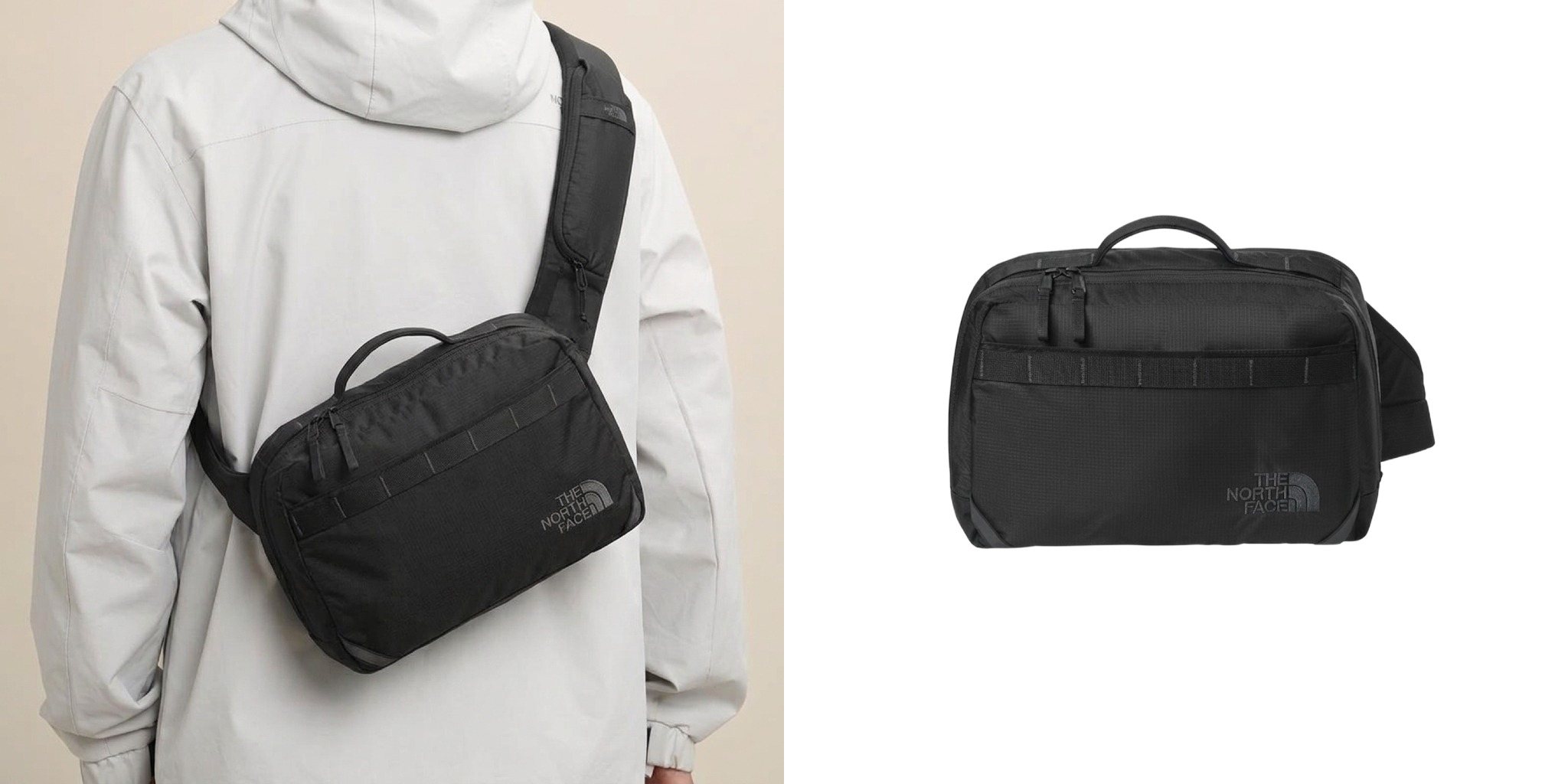 Person wearing a black The North Face 11L Travel Sling across the back next to a product view of the sling.