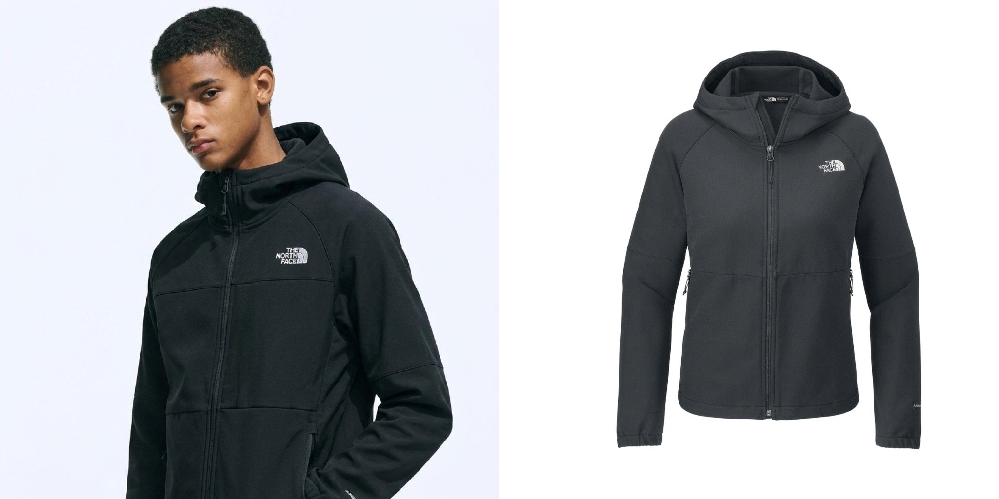 Man wearing a black The North Face Barr Lake Hooded Soft Shell Jacket next to a product view of the jacket.