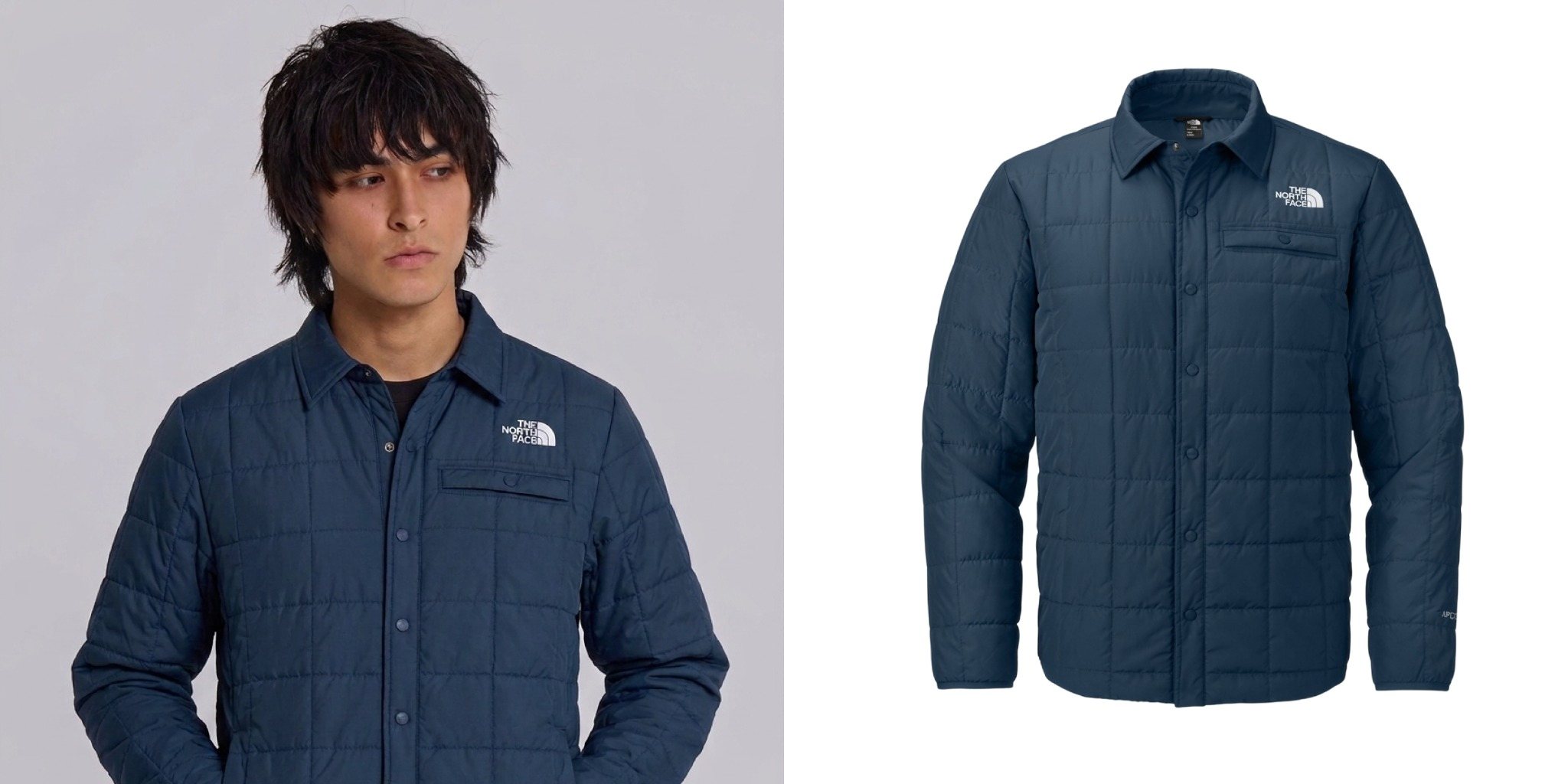 Man wearing a blue The North Face Iron Drift Quilted Shirt Jacket next to a product view of the quilted jacket.