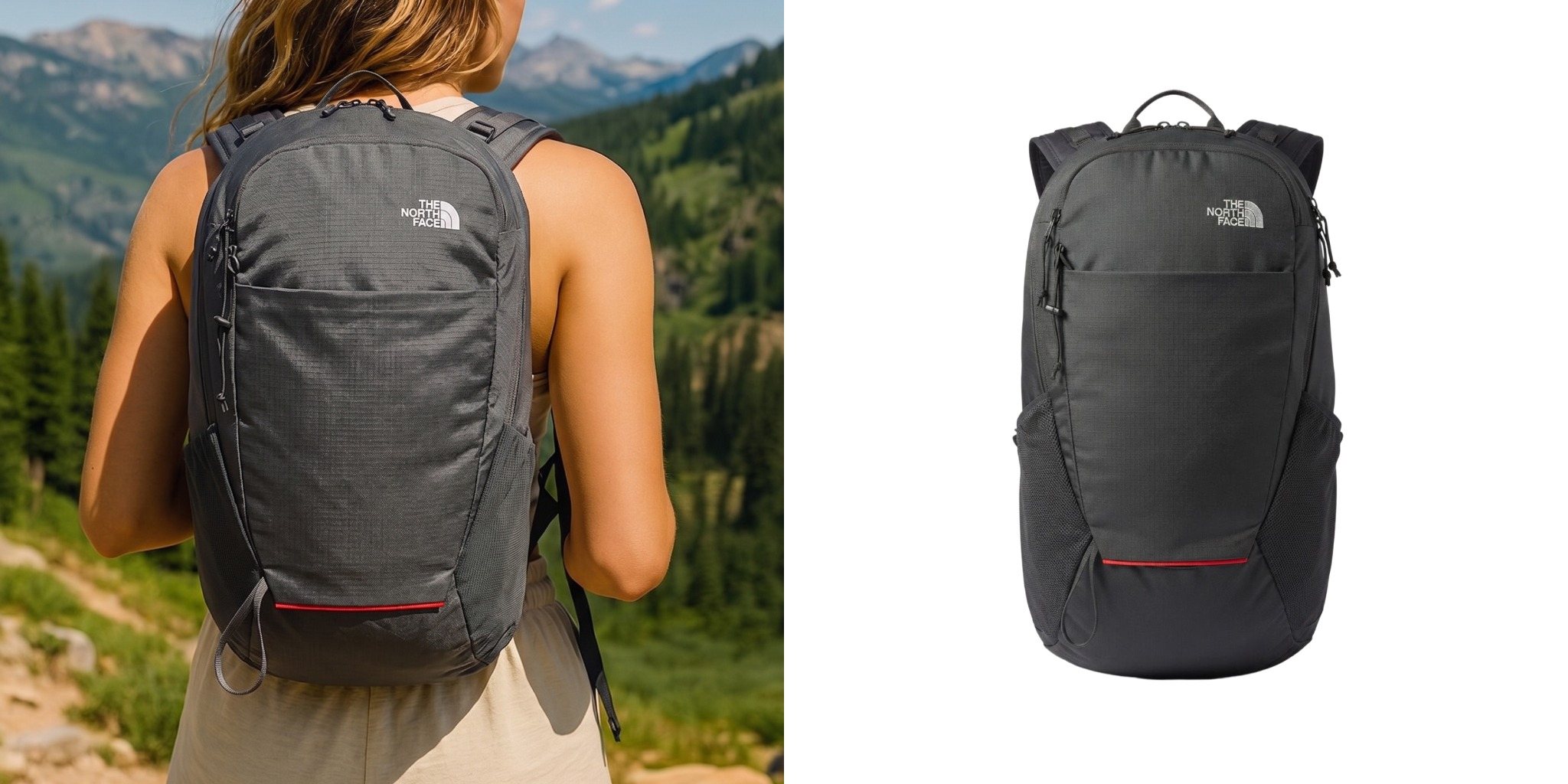 Woman wearing a gray The North Face 18L Backpack on a mountain trail next to a product view of the backpack.